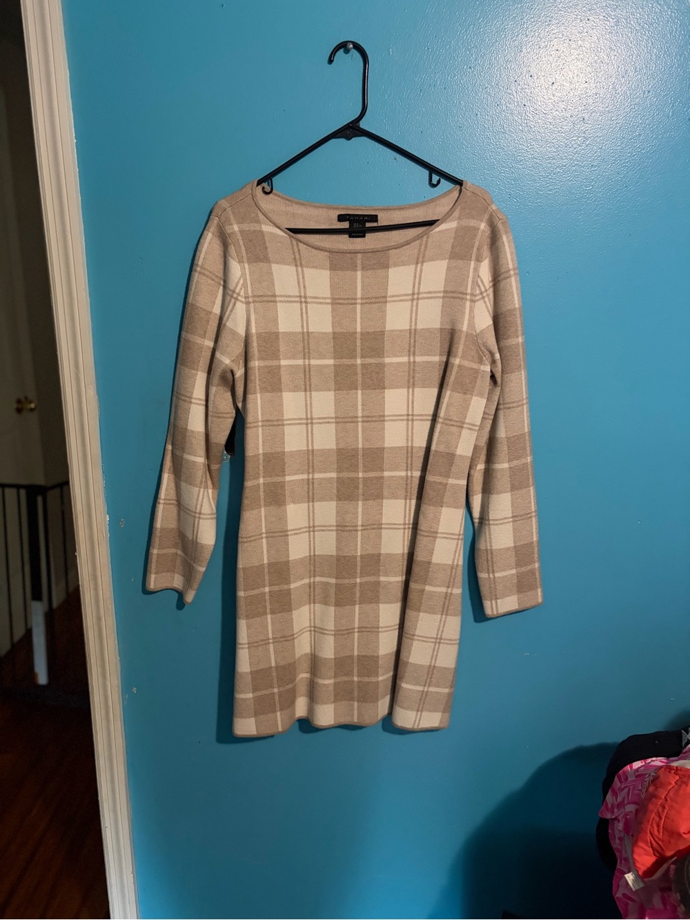 Tahari Beige and Cream Plaid Shift Dress